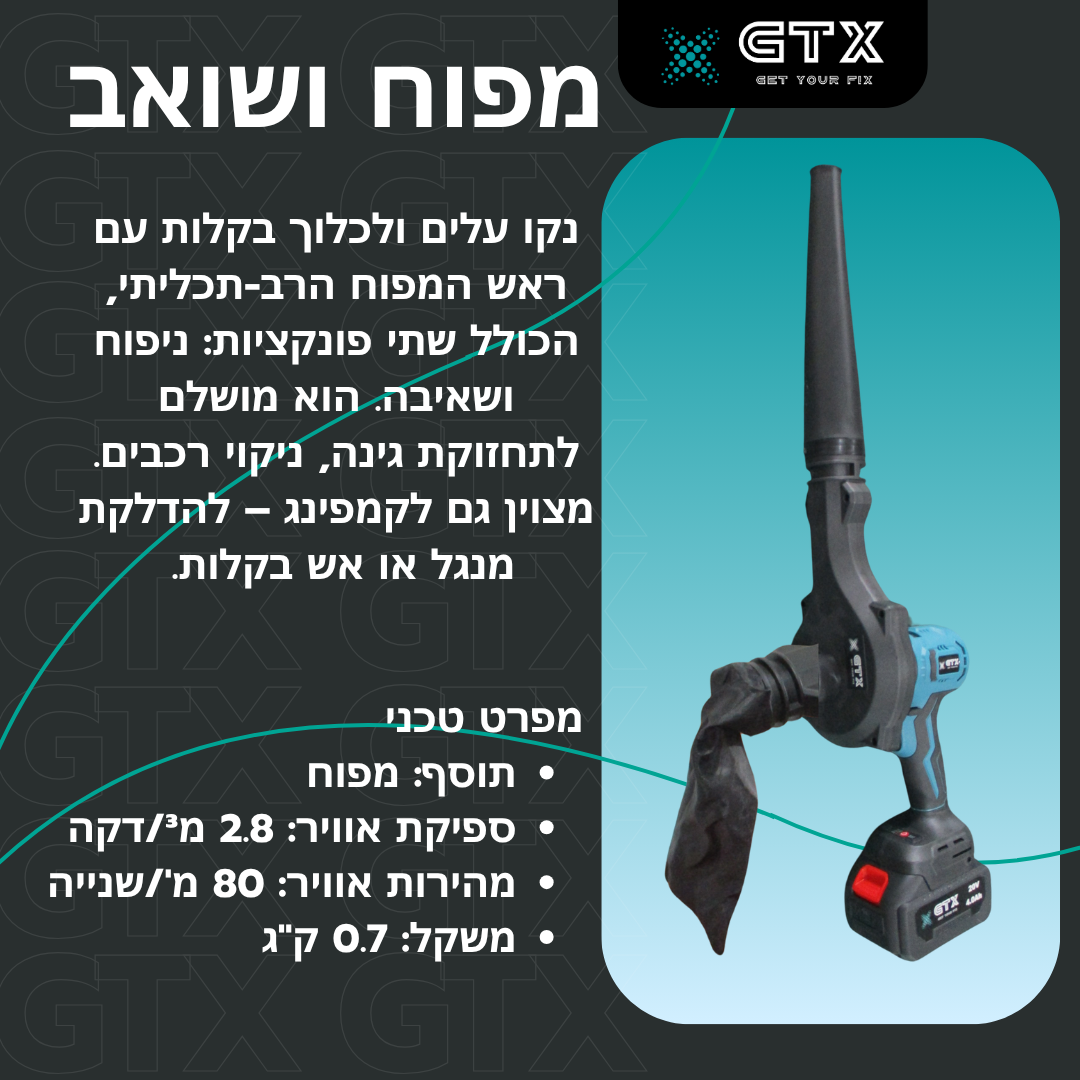 מפוח ושואב קומפקטי נטען של GTX לניקוי גינות, רכבים, קמפינג והדלקת מנגל. כולל מצב ניפוח ושאיבה, בעל מהירות אוויר של 80 מ’/שנ’.